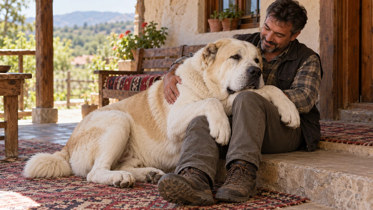 Alabay köpek — sahibinin kucağında